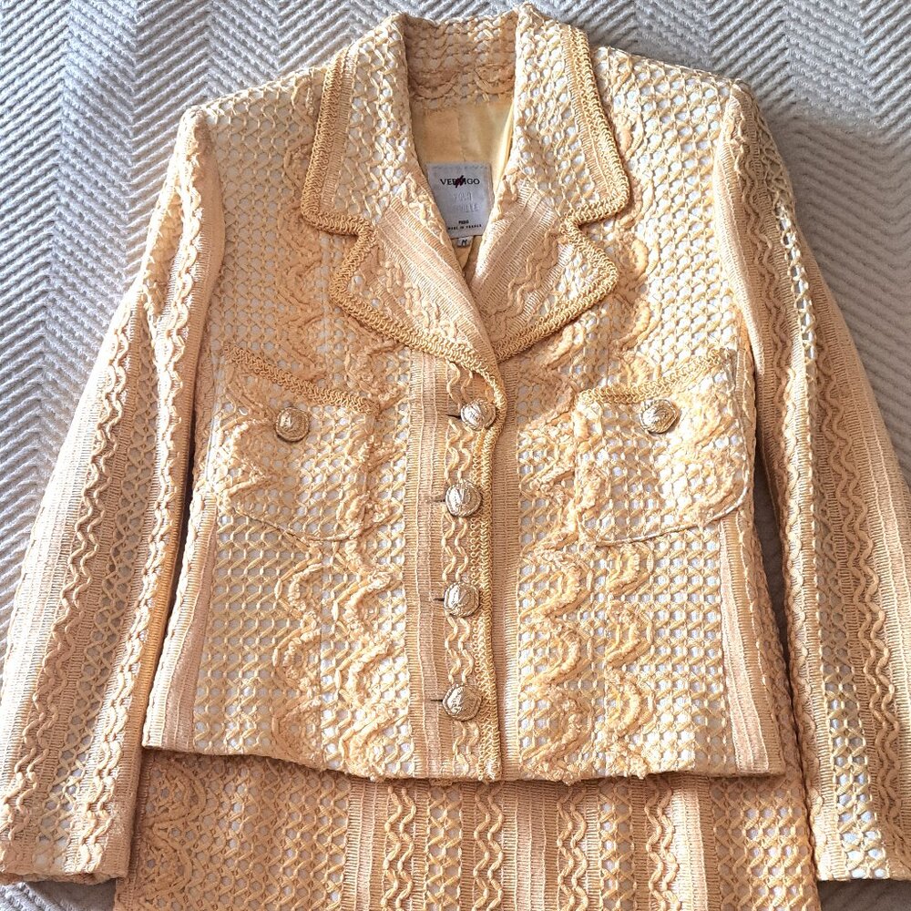 Vintage VERTIGO Rayon Cotton Blend Jacket Mini Skirt Suit Made in France Size M - Picture 6 of 15